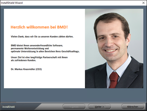 Setup page with greeting words from BMD's CEO.