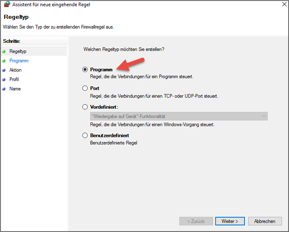 Choose the rule type for the inbound rule.