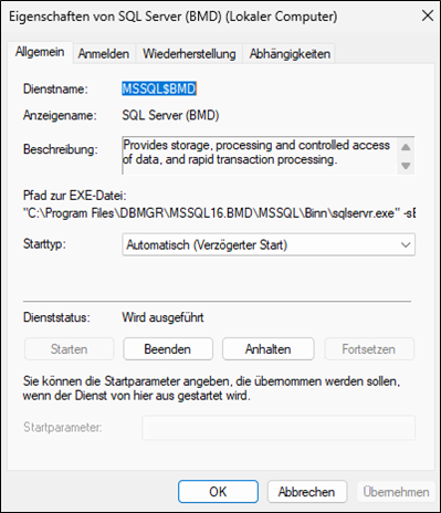 The properties window for the service "SQL Server (BMD)".