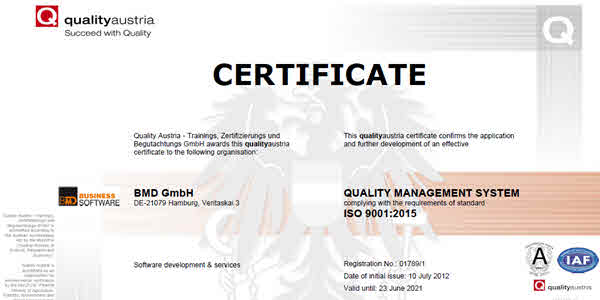 ISO 9001:2015 – Qualitätsmanagementsystem (BMD Deutschland, englisch)