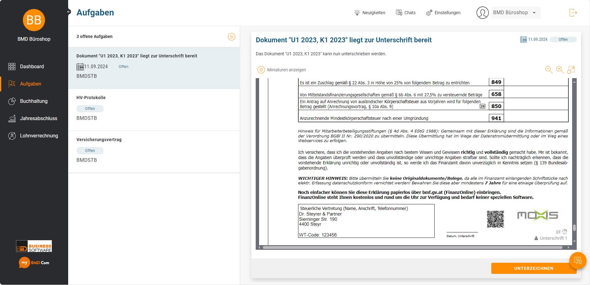 Screenshot aus der BMD Com Mandantenplattform[Screenshot © BMD]