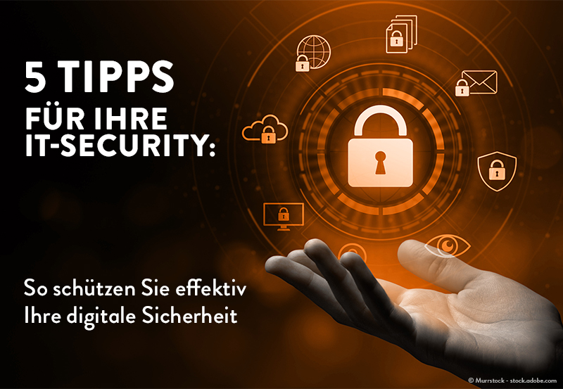 Das Bild zeigt eine offene Hand und verschiedene Symbole für IT-Sicherheit, wie zum Beispiel ein Schloss