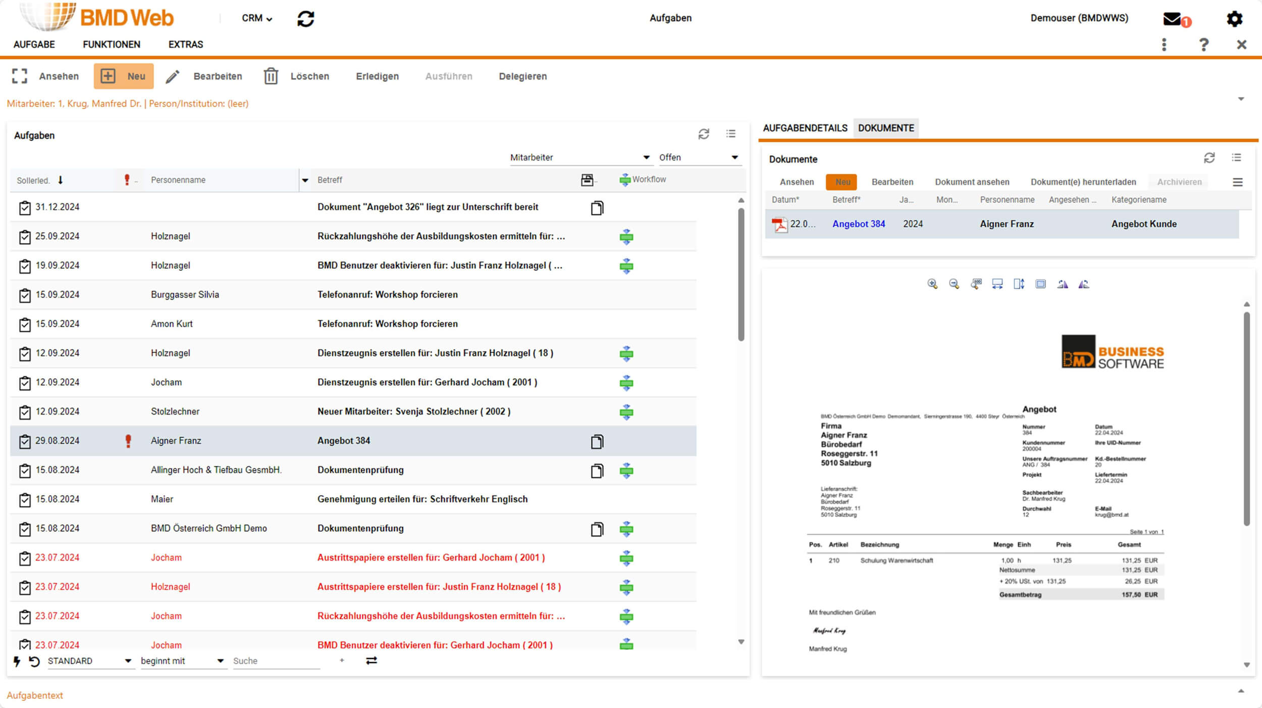 Aufgaben im CRM Modul über BMD Web erledigen
