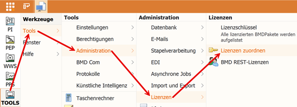 Screenshot von Menü Pfad zur Bearbeitung von Lizenzzuordnungen in BMD. 
