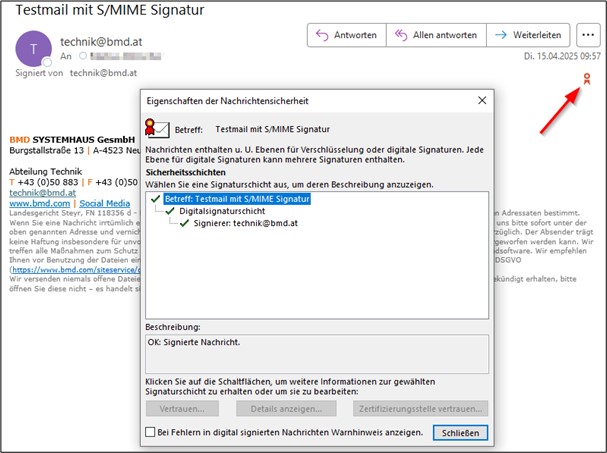 Das Bild zeigt einen Screenshot einer S/MIME-Signatur einer E-Mail.