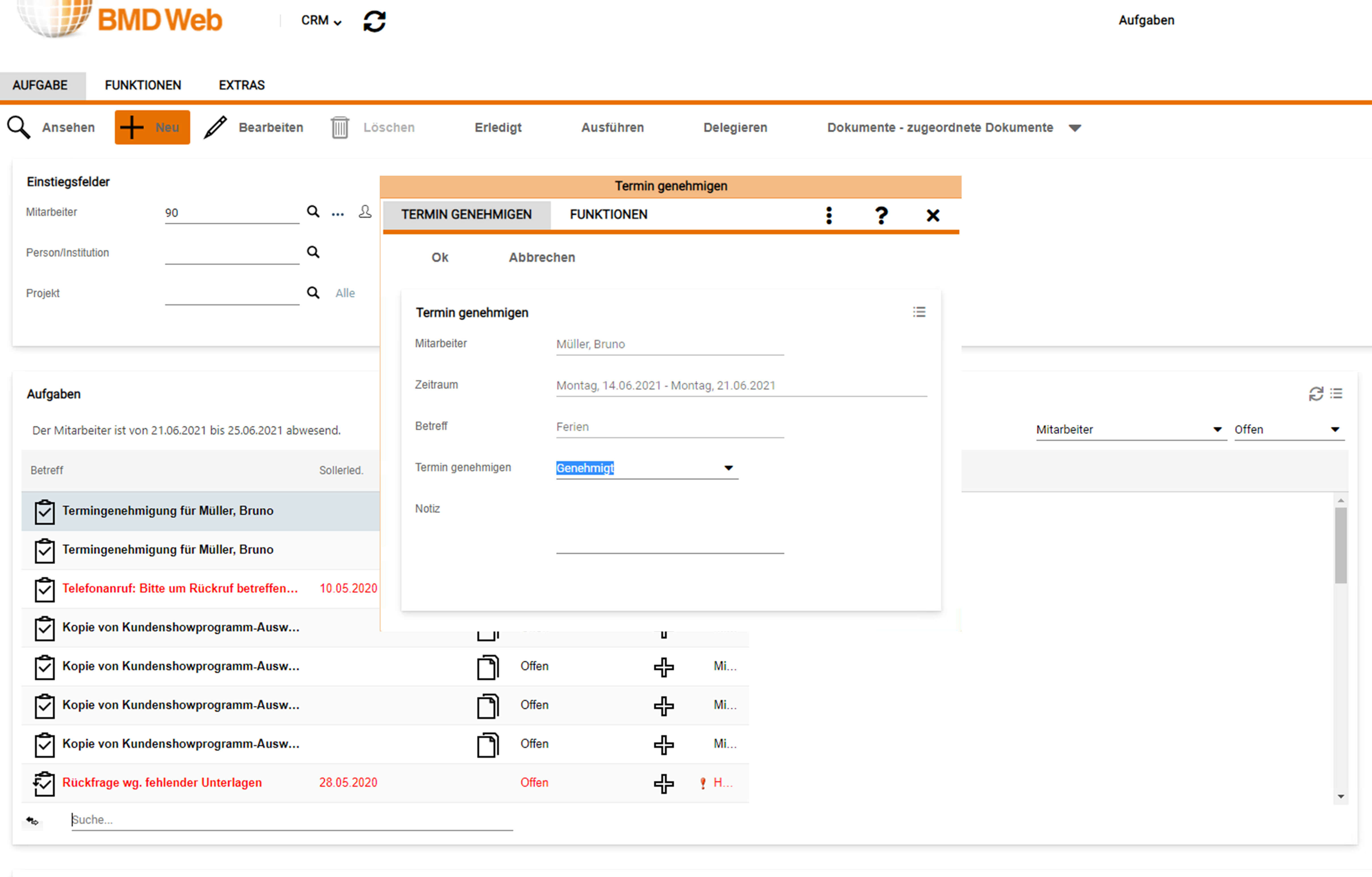 Das Bild zeigt die Feriengenehmigung im BMD Workflow.