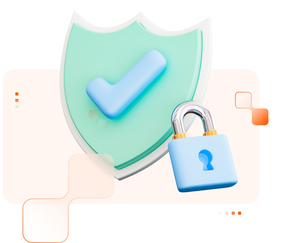 3D graphic with lock and test seal on a bright orange background. 
