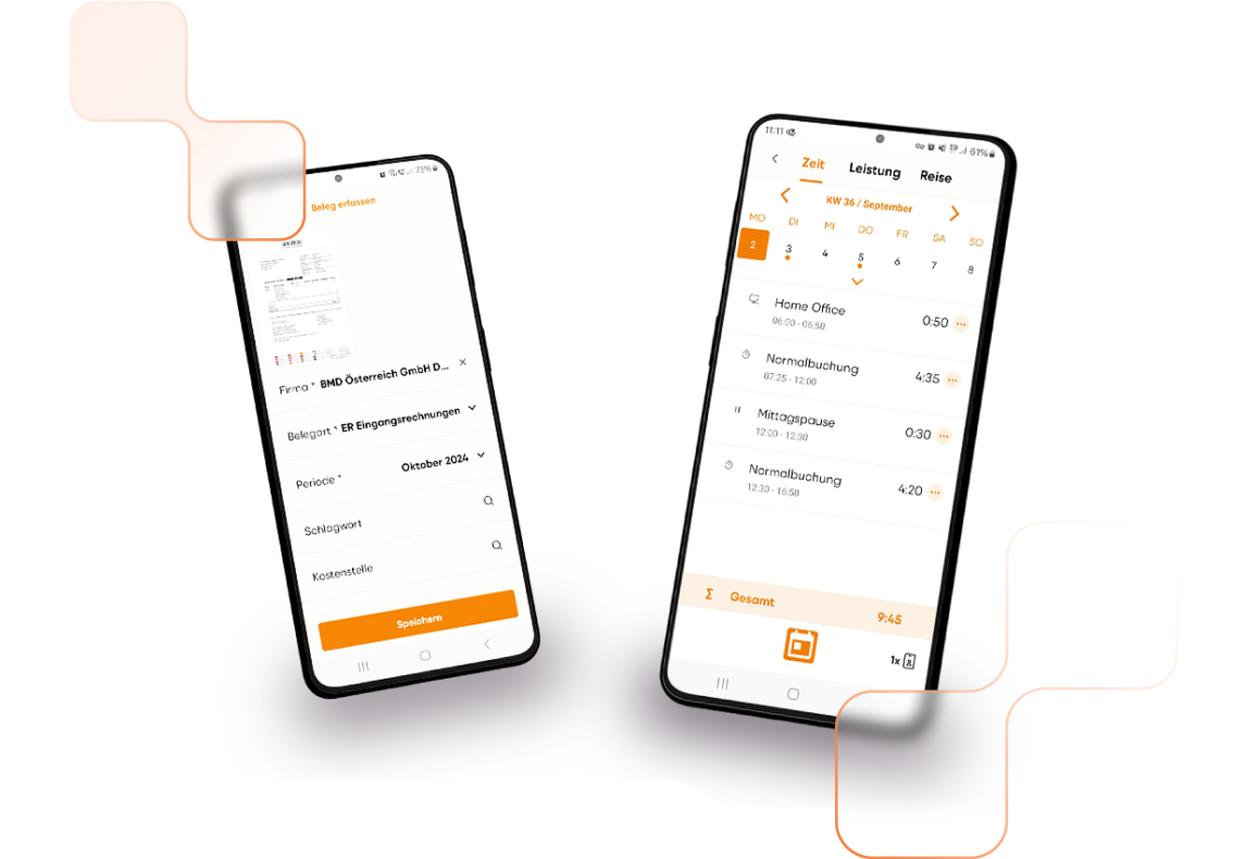 Zwei Smartphones mit Screenshots zur App BMD Go. 