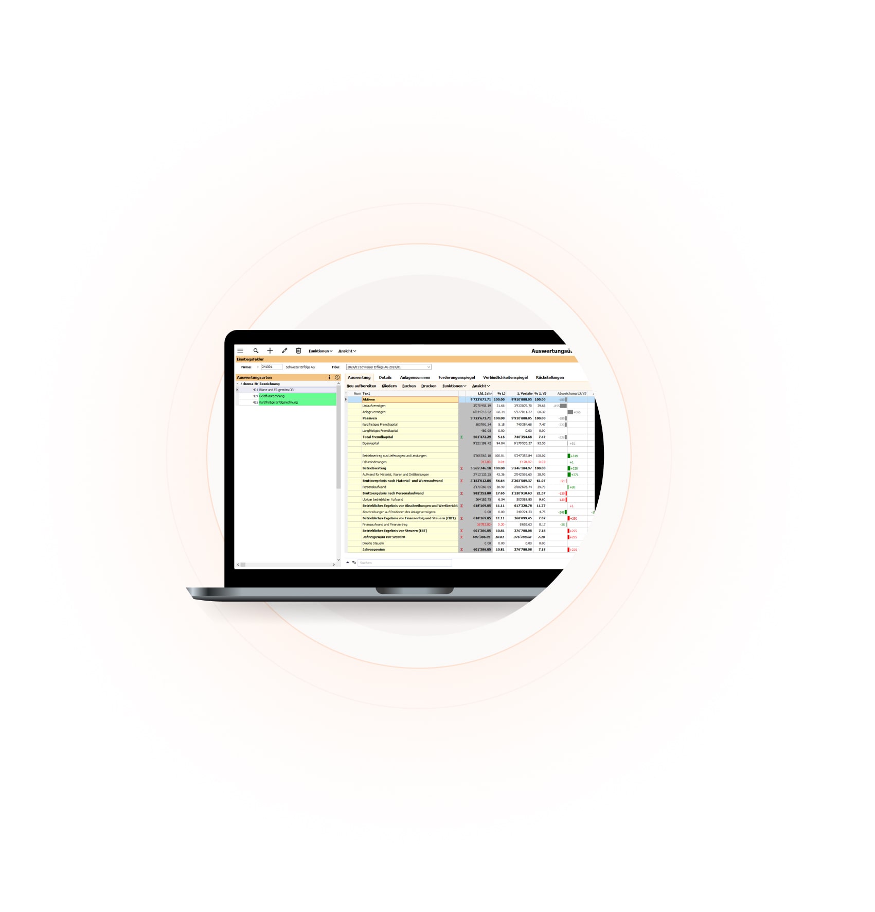 Screenshot der BMD Jahresabschluss-Software im Bereich Auswertungsübersicht