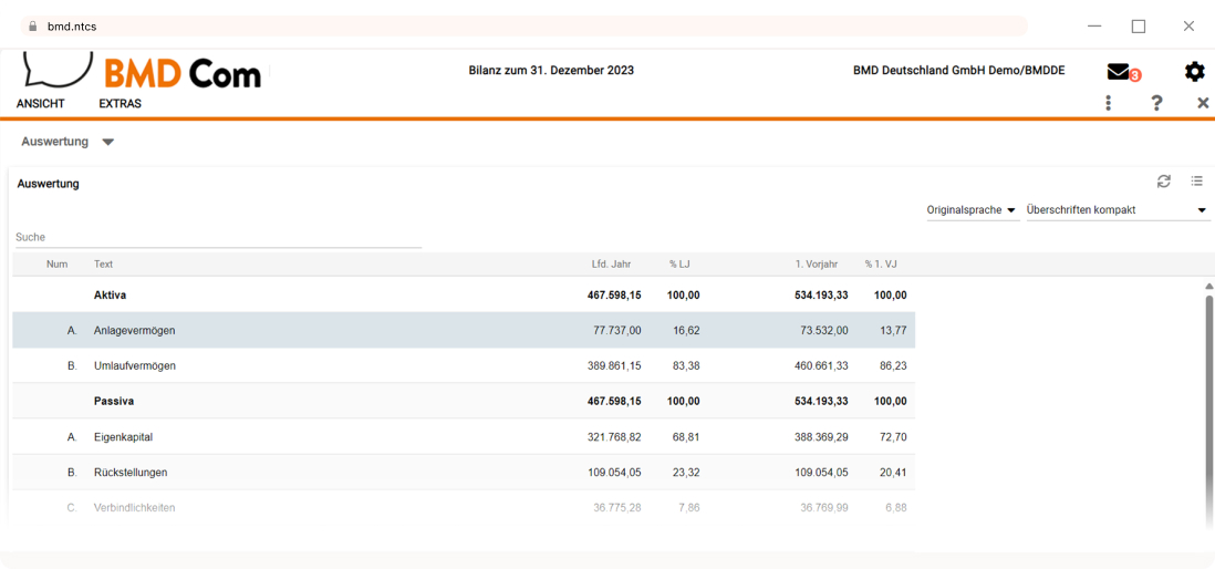 Screenshot BMD Com Mandantenplattform mit Bilanz